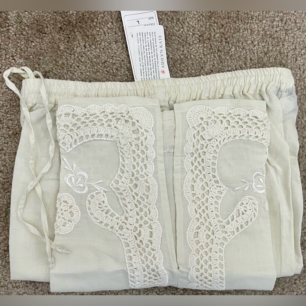 Ashlyn Kate Pants Elastic Waist Style:AK-304 Color:Ivory SZ L 55%Ramie 45%Cotton